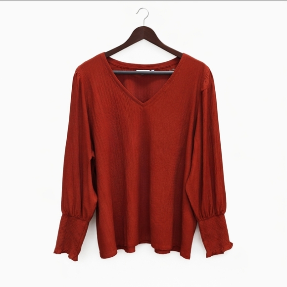 Chico's Tops - Chicos Rust Vneck Blouse With Long Knit Cuffs Sz 4 (XXL)